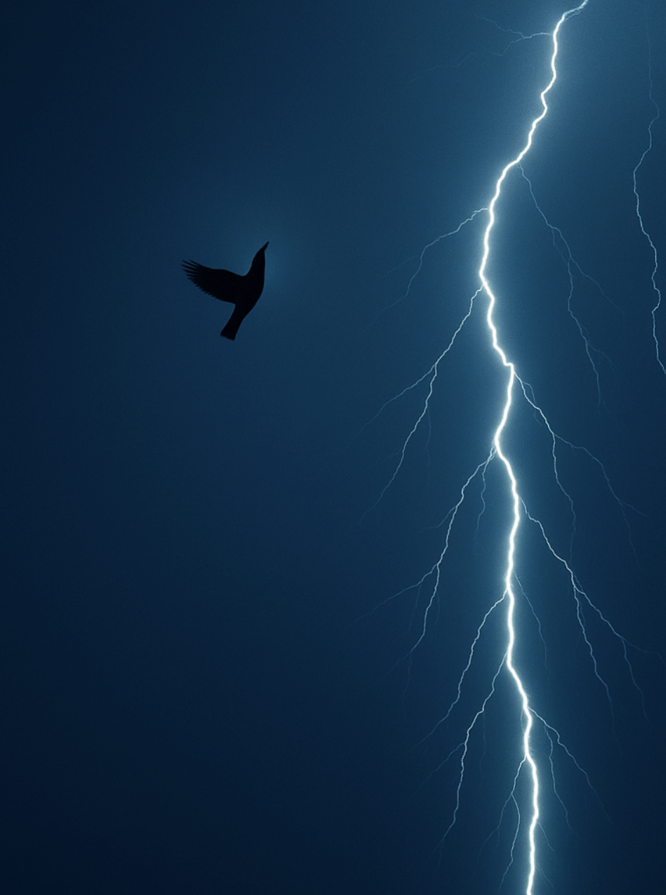 Storm with lightning and bird